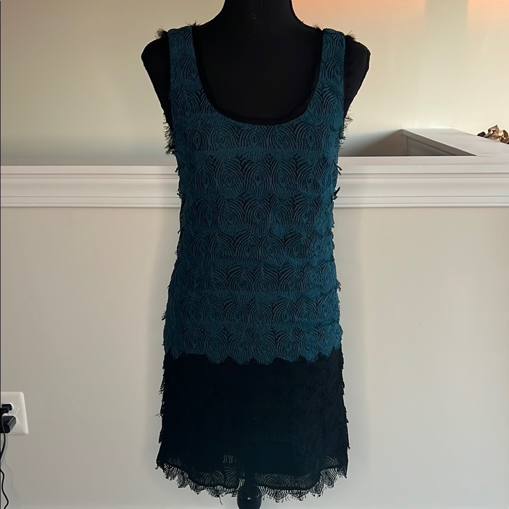 Peacock Feather Detail Ruffled Tiered Sheath Dress